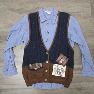 90's Sharon Young Sportswear Fishing Sweater Vest & Long Sleeve Button Down Set